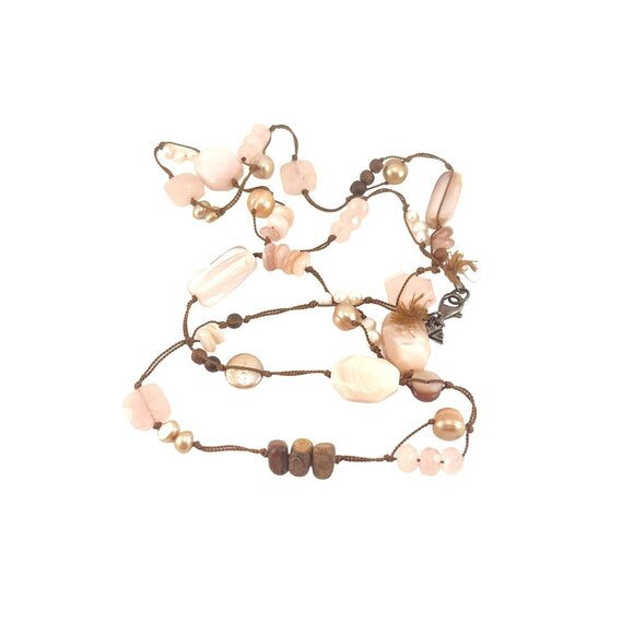 Handmade Multicolor Beaded Necklace With Rose Quartz Pearls & Wood Beads - Picture 6 of 8